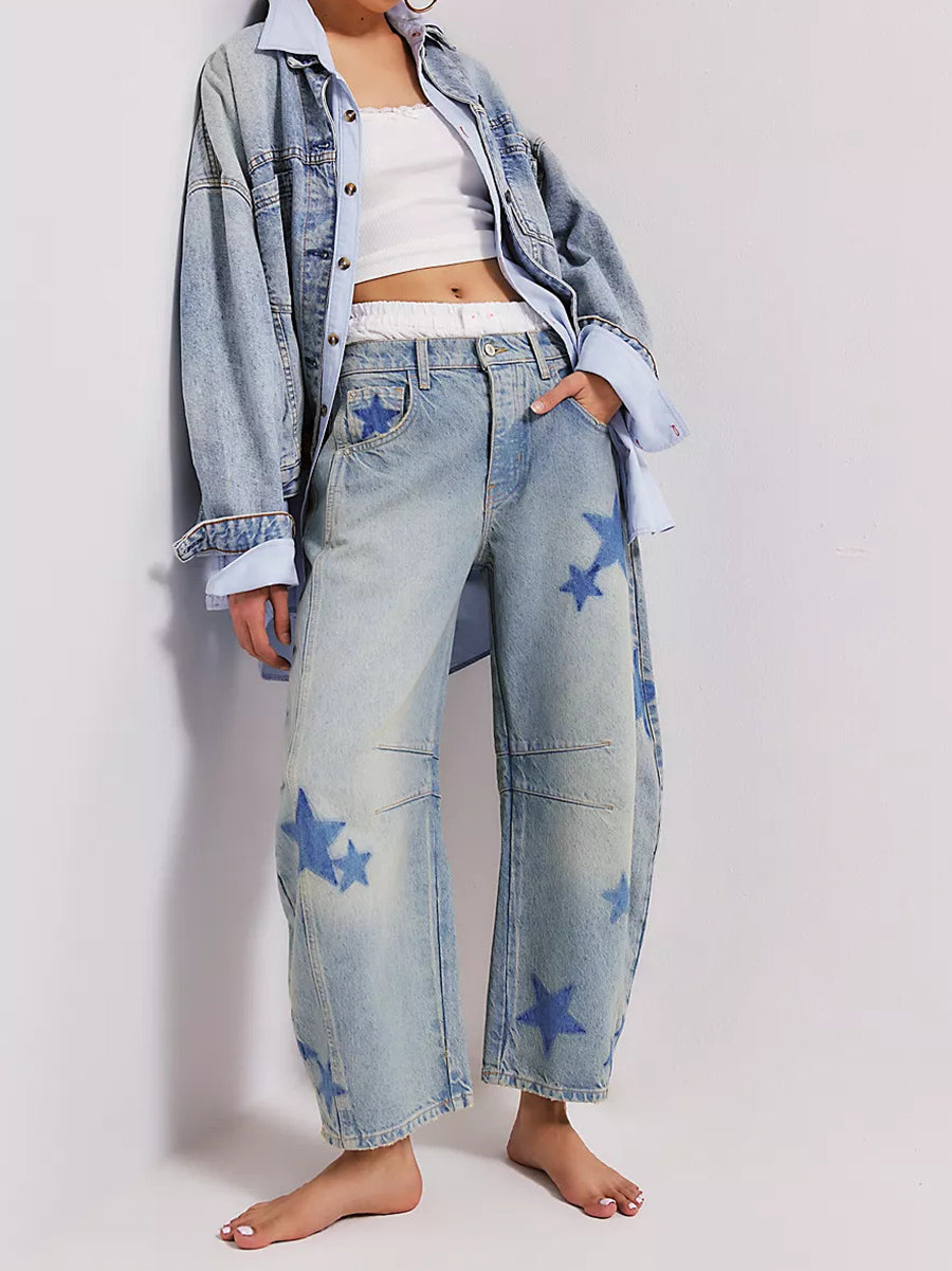 Vintage Baggy Heart Printed Ankle Jeans