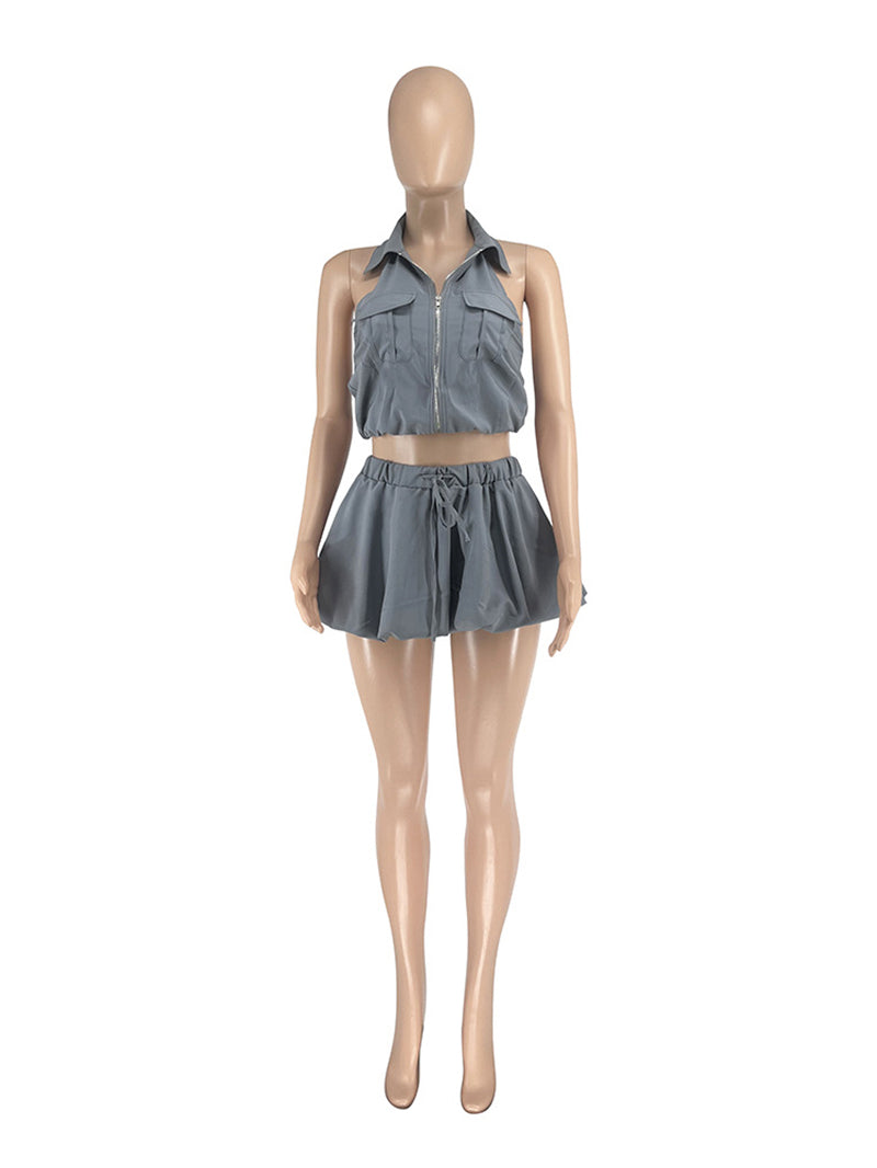 Fashion Backless Crop Tops Bubble Skirt Two Piece Set