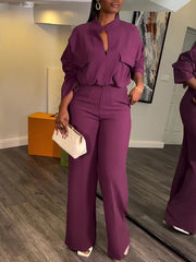 V-neck Shirt Wide Leg Pants Formal Office Set