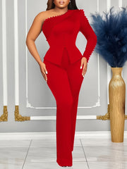 One Shoulder Beaded Office Two Piece Set