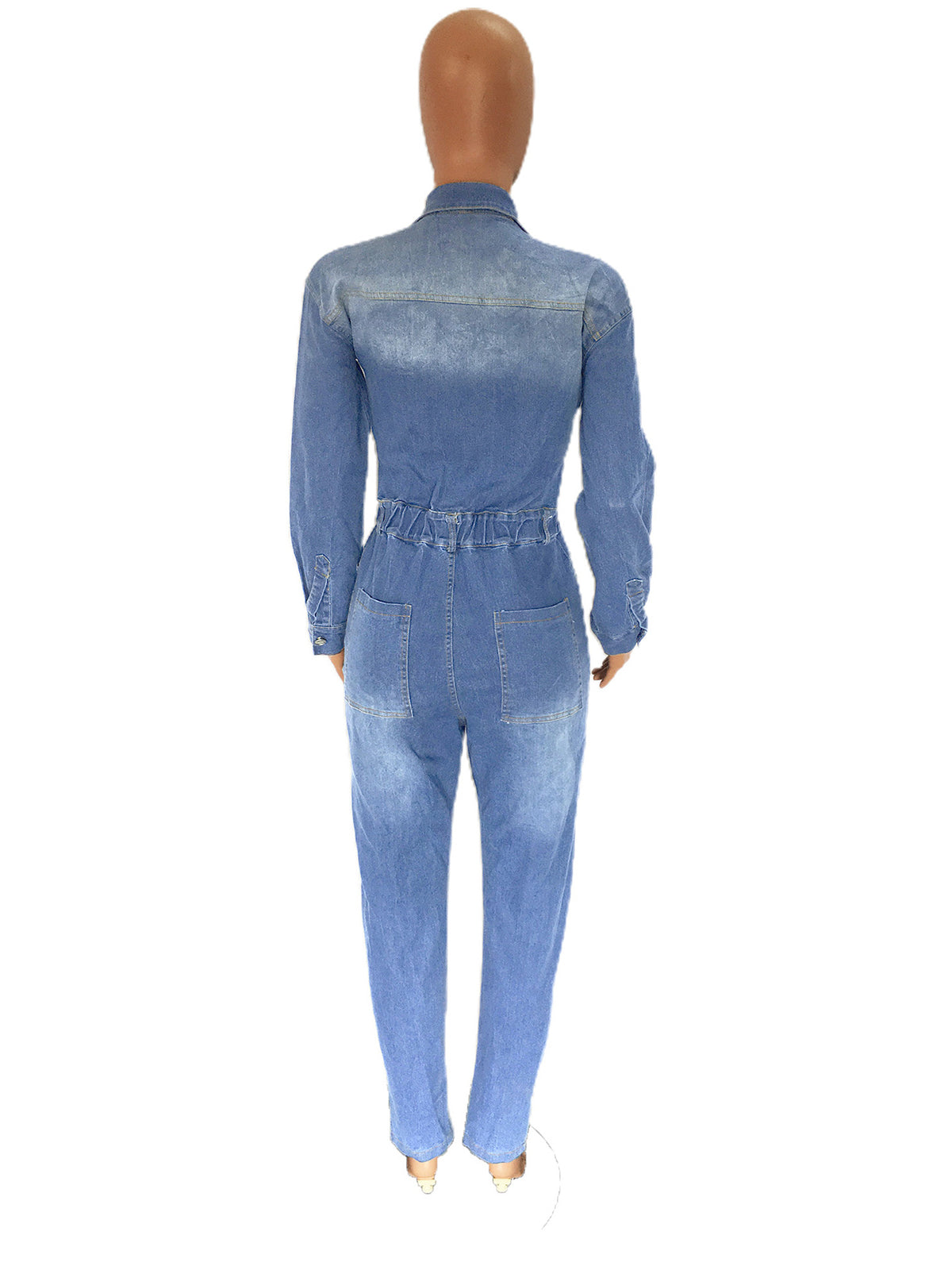 Fashion Single Breasted Solid Denim Jumpsuits