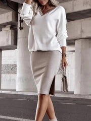 Fashion V-Neck Top and High Waist Knee Length Skirt Set