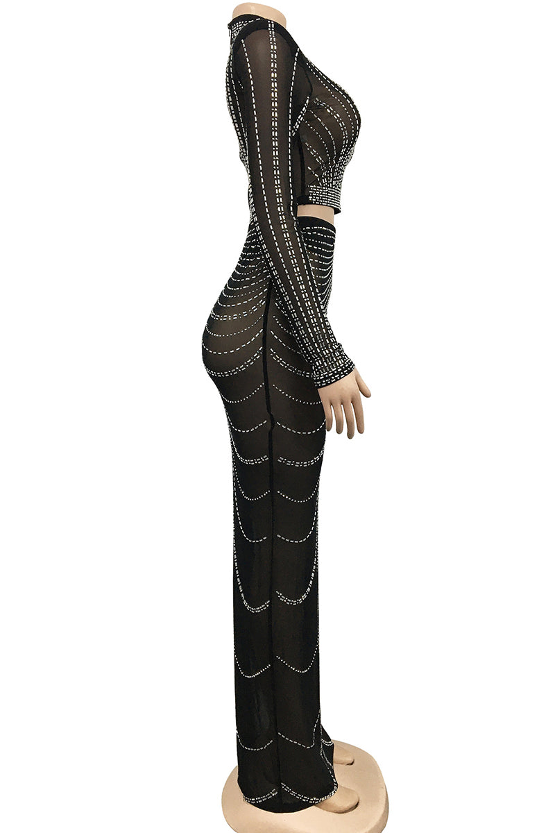 Sexy Rhinestone Sheer Mesh Skirt Club Sets