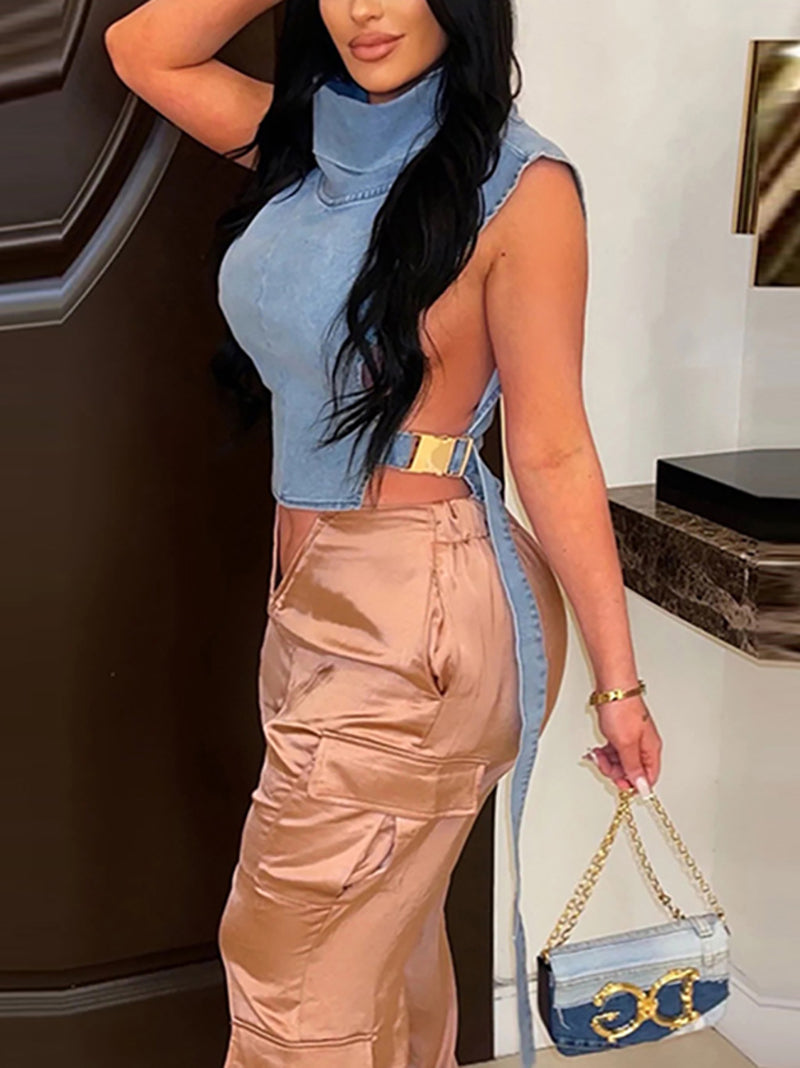 Fashion Heaps Collar Sleeveless Denim Waistcoat