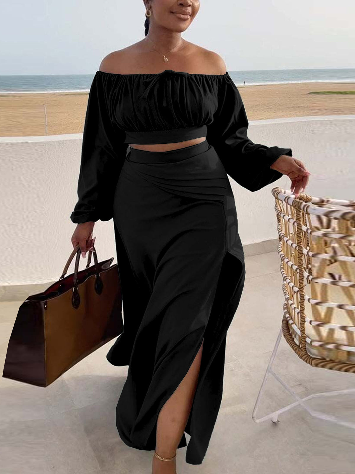 Sexy Off Shoulder Top Slit Skirt Casual Set