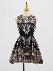 Elegant Round Neck Sleeveless Print  Mini Dress