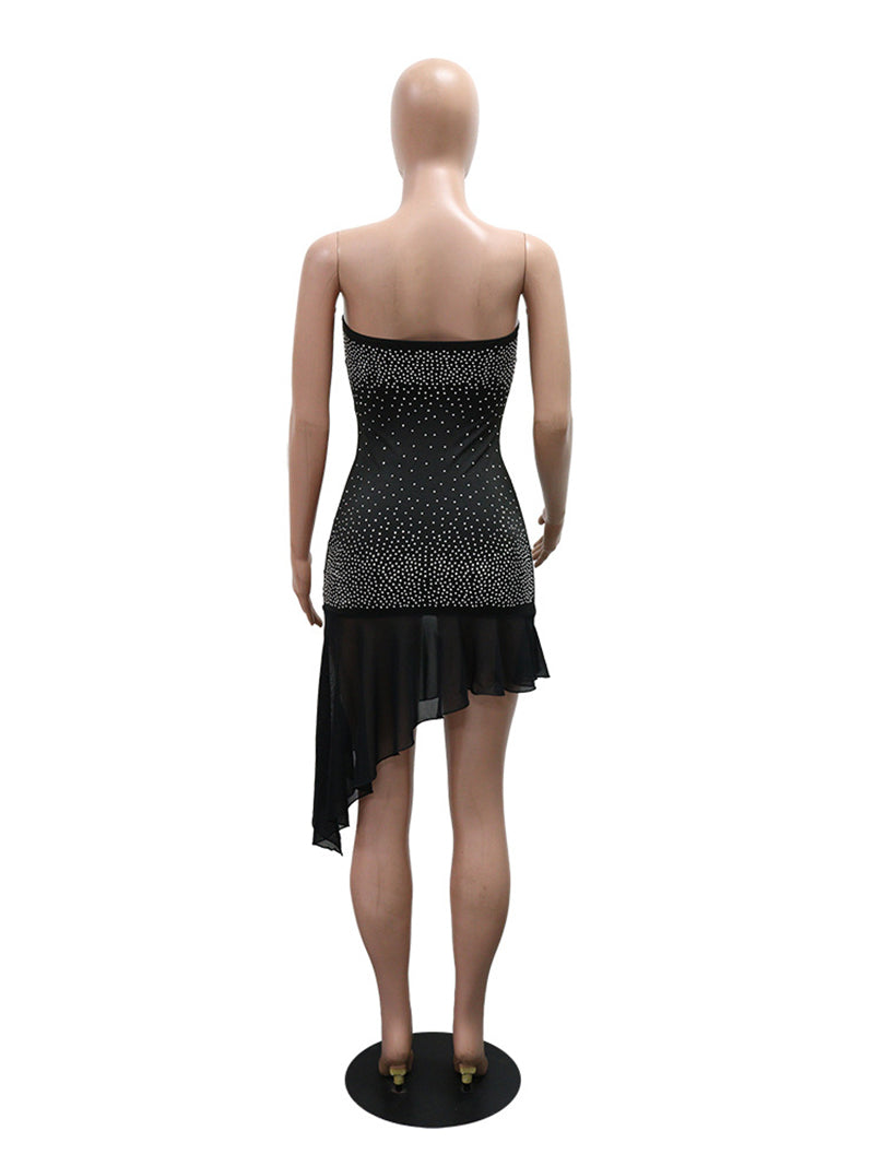 Sexy Rhinestone Ruffles Mesh Patchwork Mini Dress