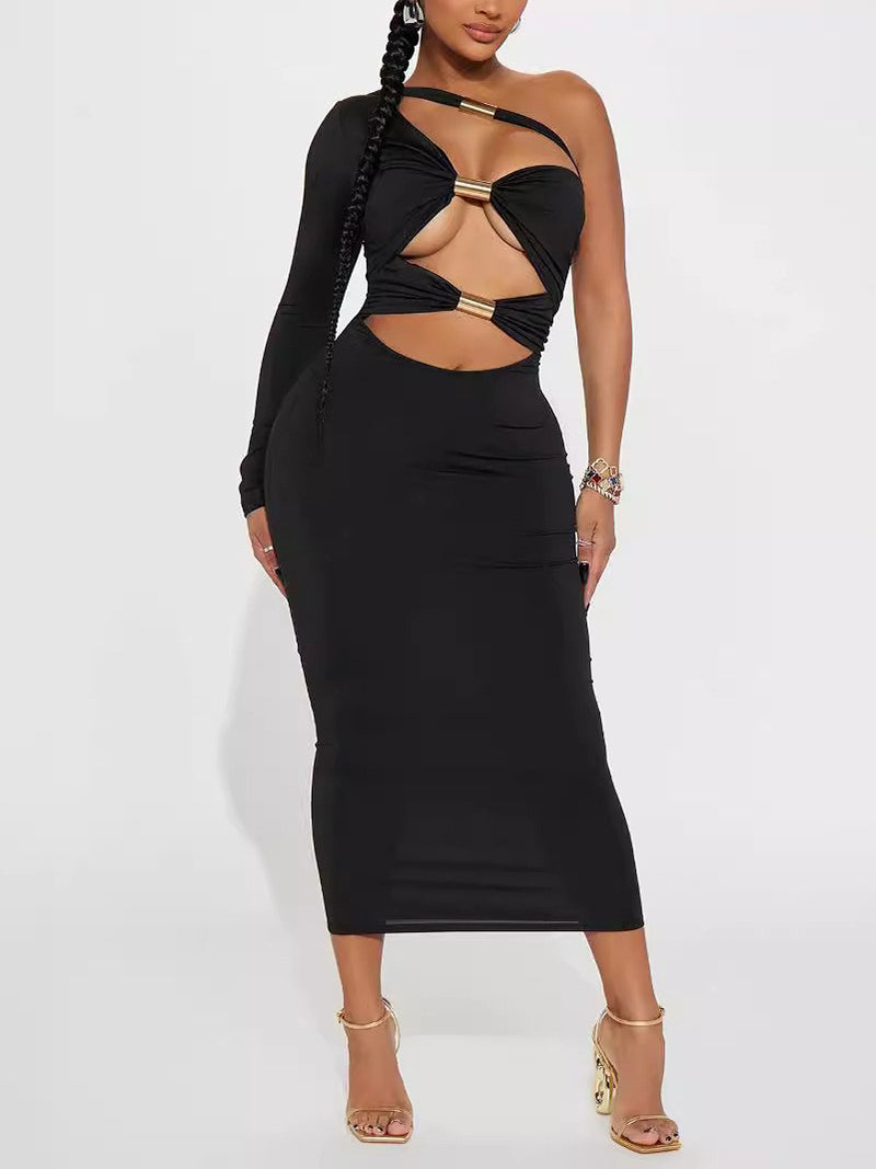 Fashion One Shoulder Cut Out Bodycon Midi Dress