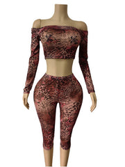 Animal Print Off Shoulder Top and Capri Pants Set