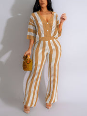 Newest V Neck Hollow out Stripe Knit Two-piece Set