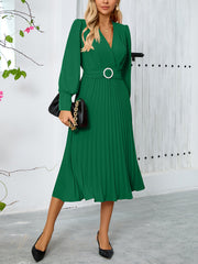 Graceful V-Neck Long Sleeve Belted Midi Dress