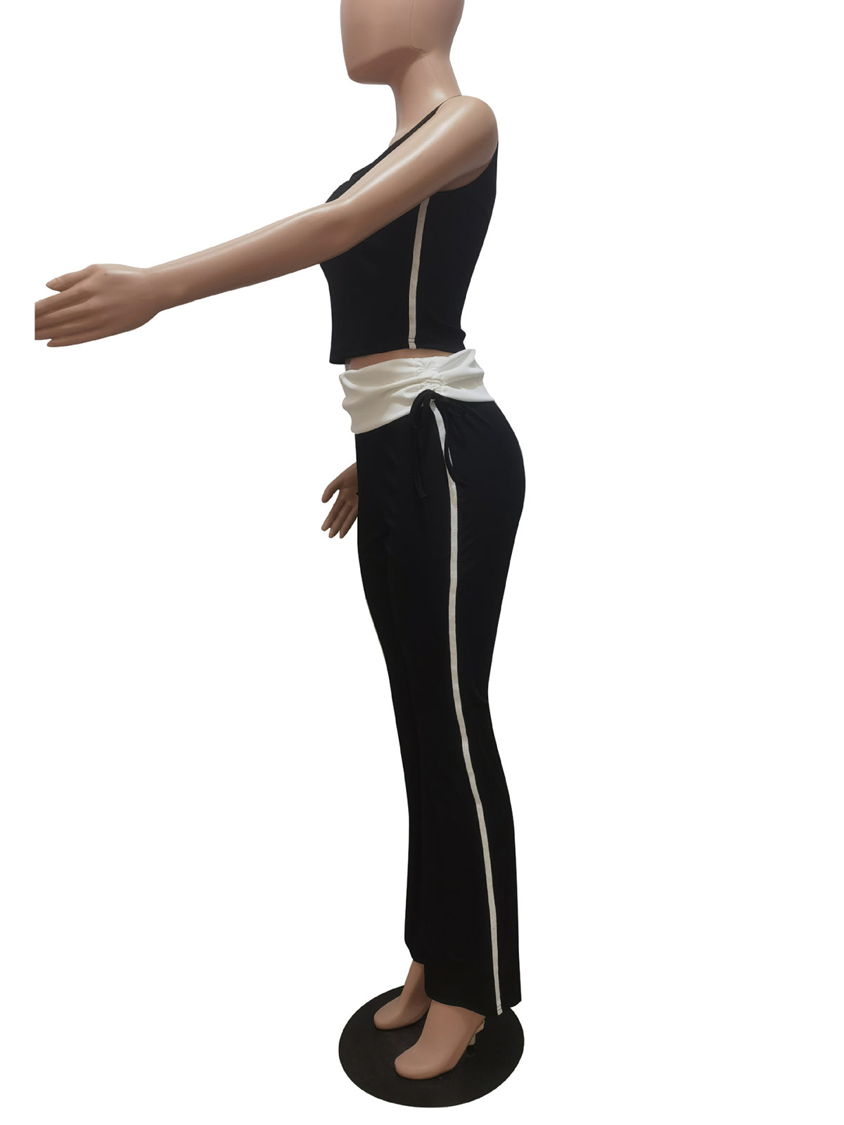 Casual Ribbed Patchwork Crop Vest Drawstring Pants Set