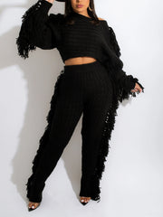 Fashion Knit Tassels High Waist Trousers Sets