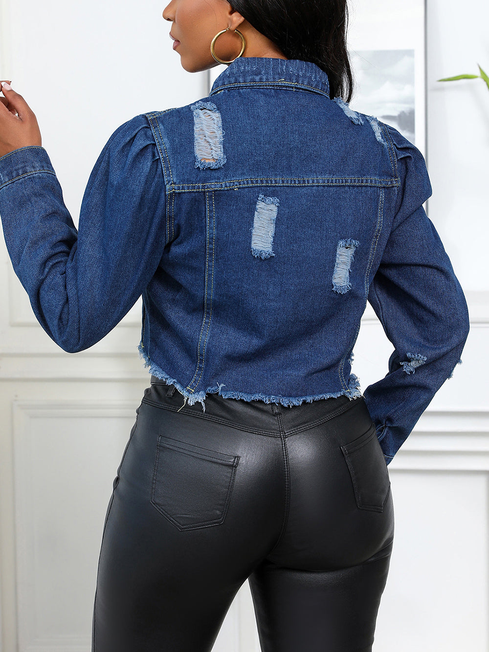 Wash Ruched Ripped Crop Denim Jacket