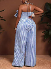 Fashion Striped Halter Backless Wide Leg Jumpsuits