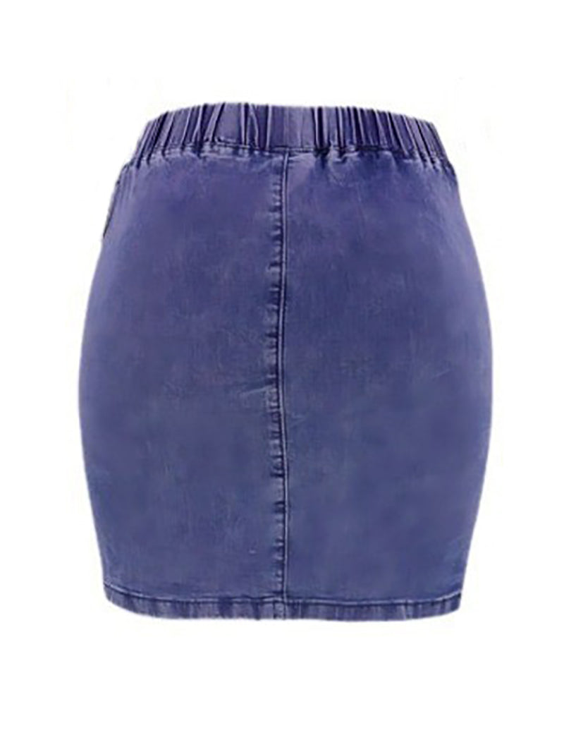 Casual Elastic Waist Wash Ruched Side Denim Skirt