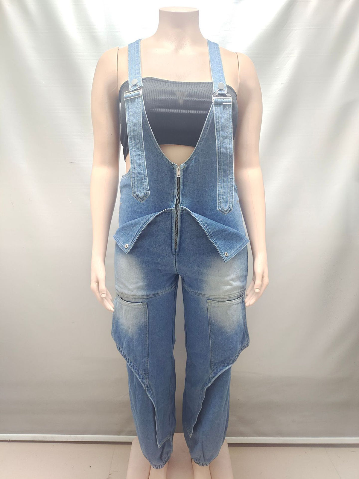 Casual Zipper Denim Wide Leg Jumpsuit
