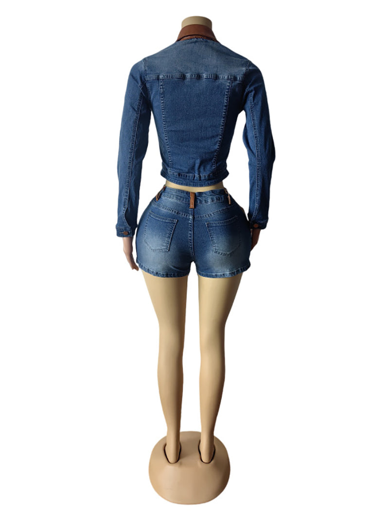 Retro Contrast Color Patchwork Denim Jacket Shorts Set
