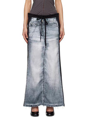 Fashion Denim Print Patchwork Drawstring Long Skirt