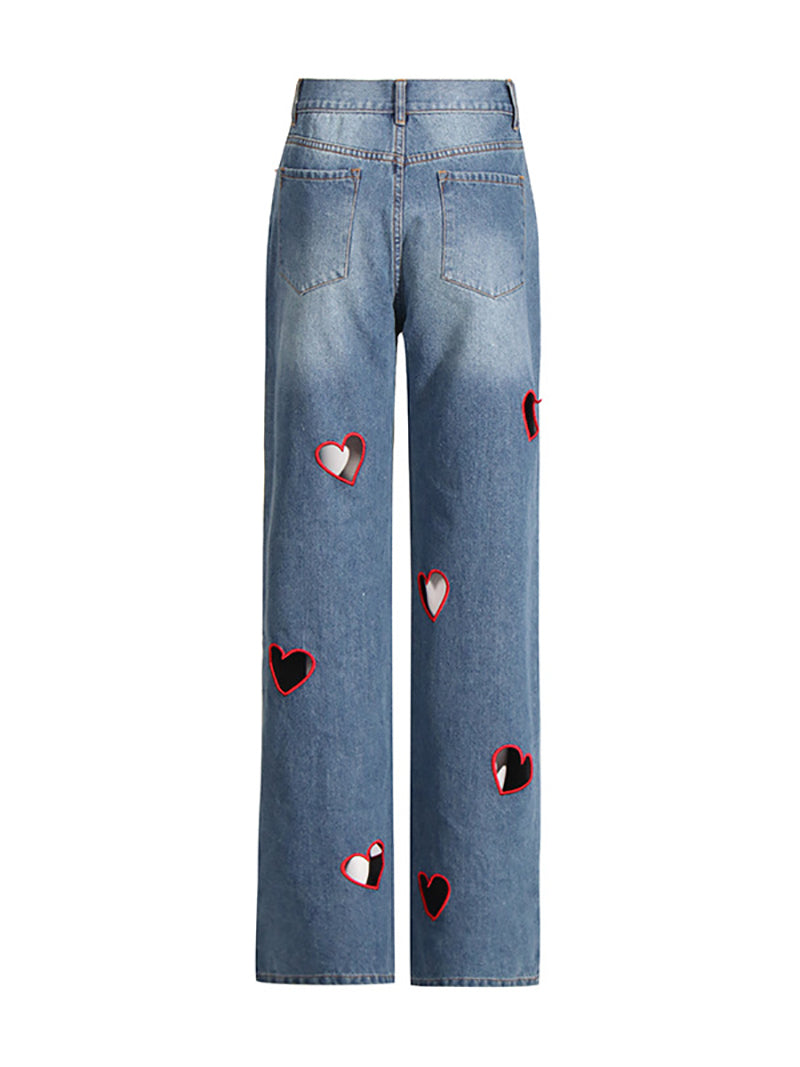 Fashion Embroidered Heart Cutout Jean