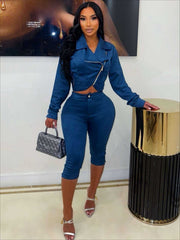 Suede Look Biker Jacket and Capri Pants Set