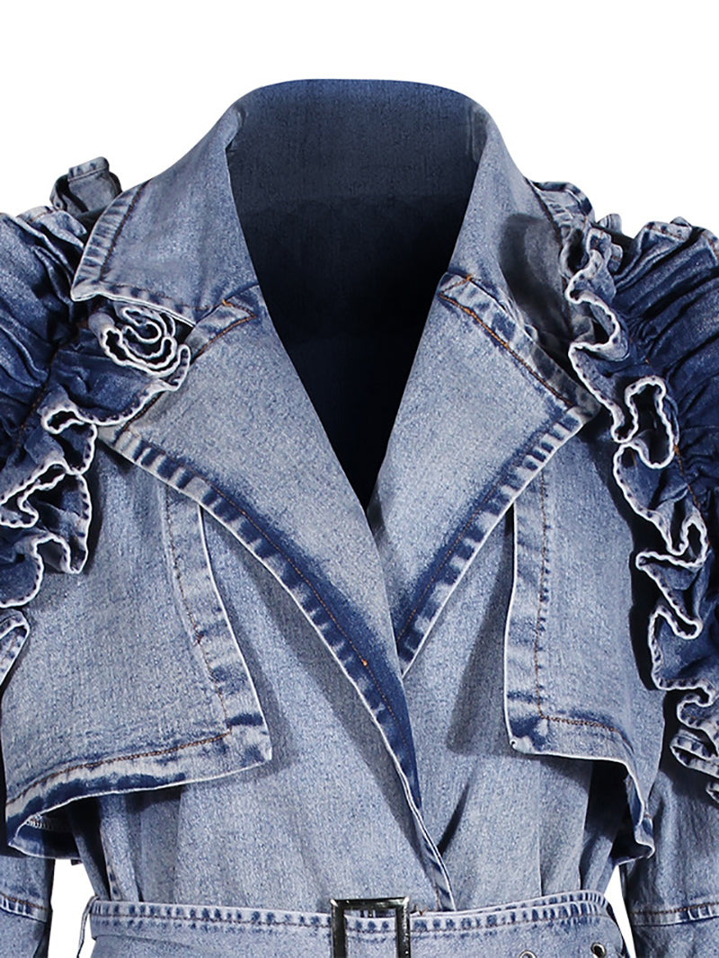 Casual Ruffled Denim Trench Coat