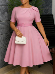 Elegant Short Sleeve Cinched Waist A-Line Dress