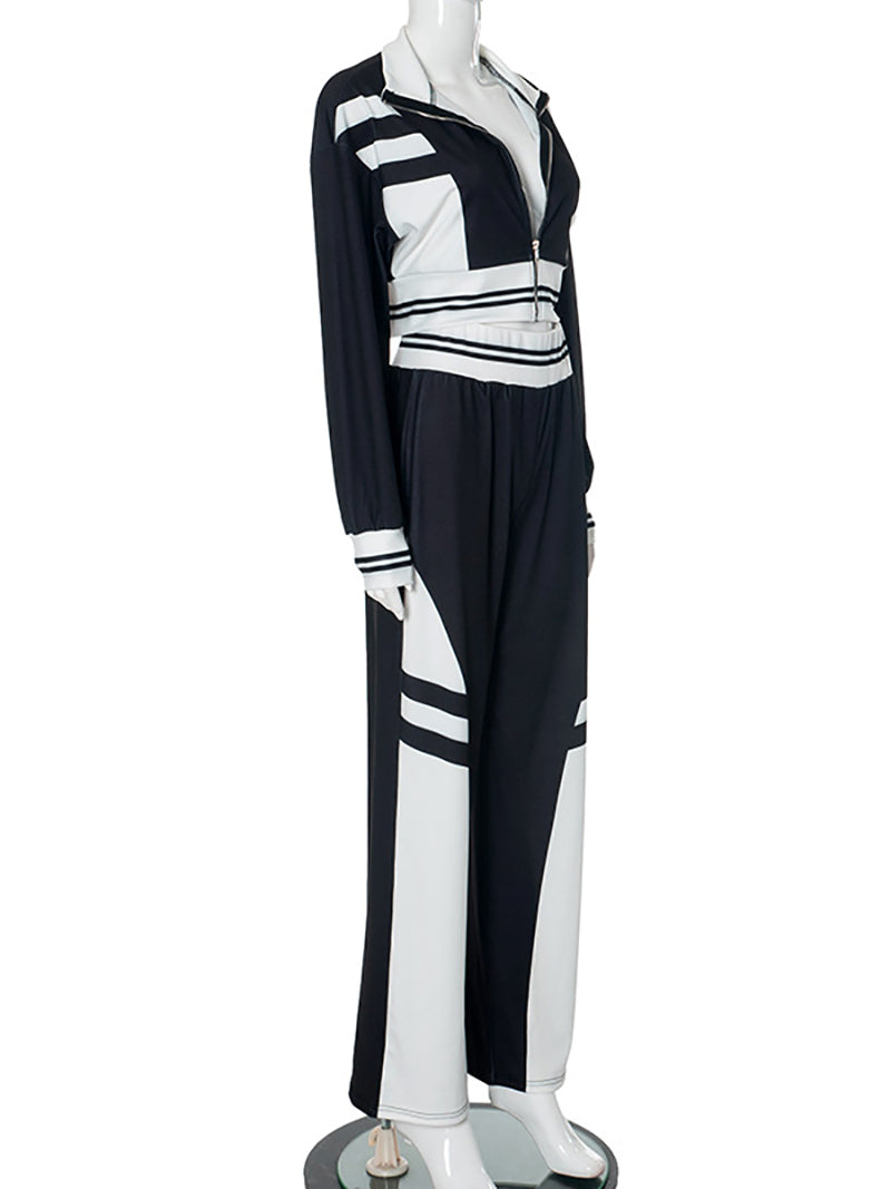 Colorblock Striped Trim Zipper Top And Pant Sets