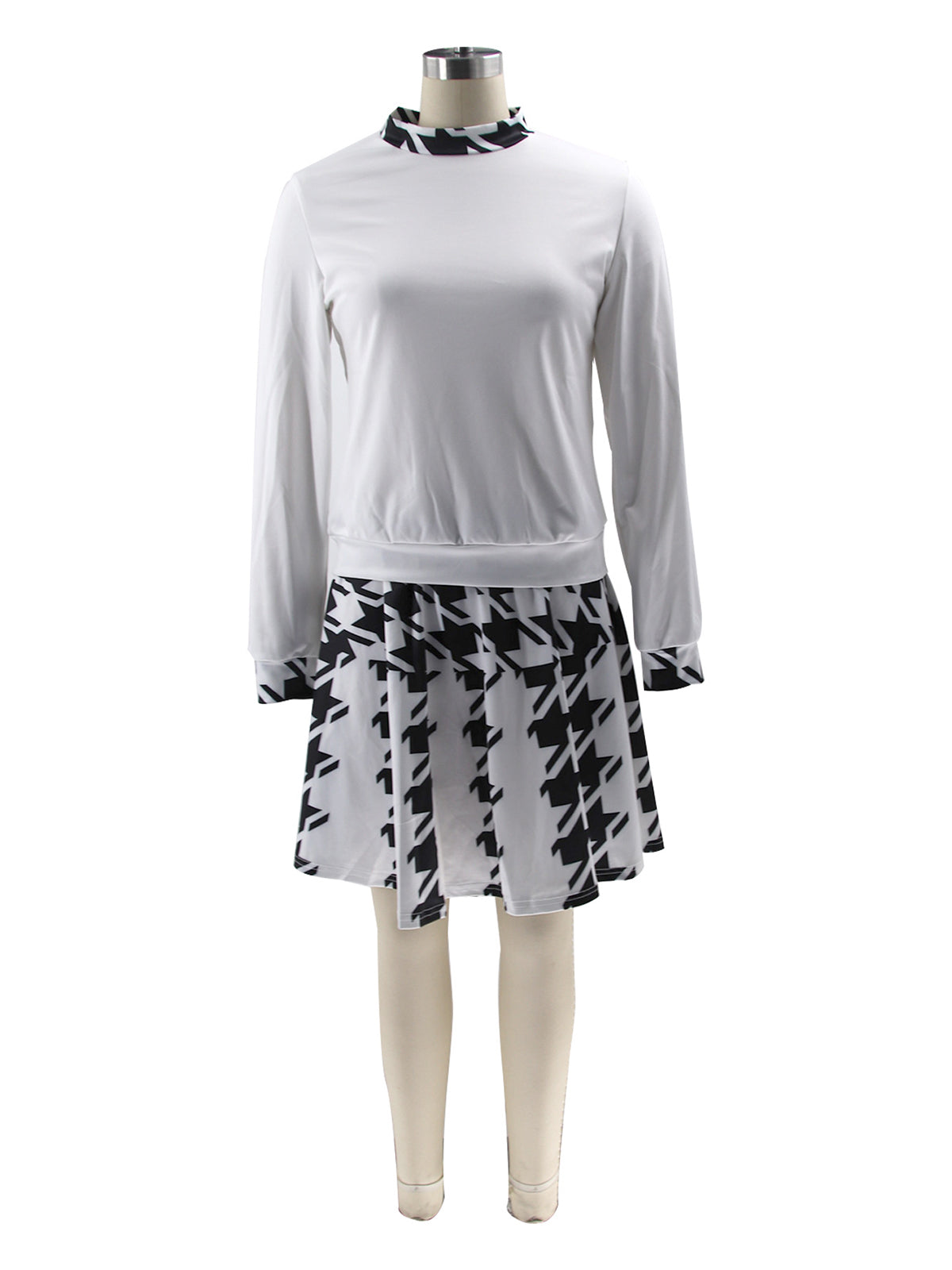 Long Sleeve Houndstooth Print Skirt Sets