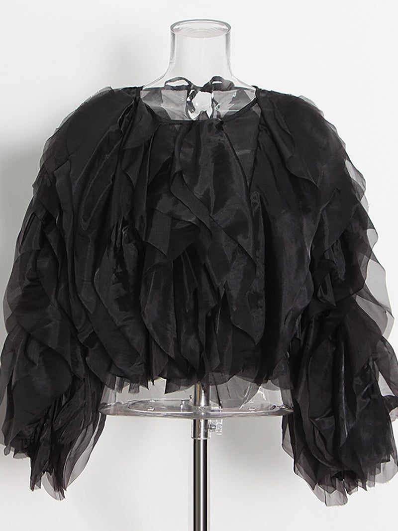 Sheer Chiffon Layered Ruffle Round Neck Cropped Blouse