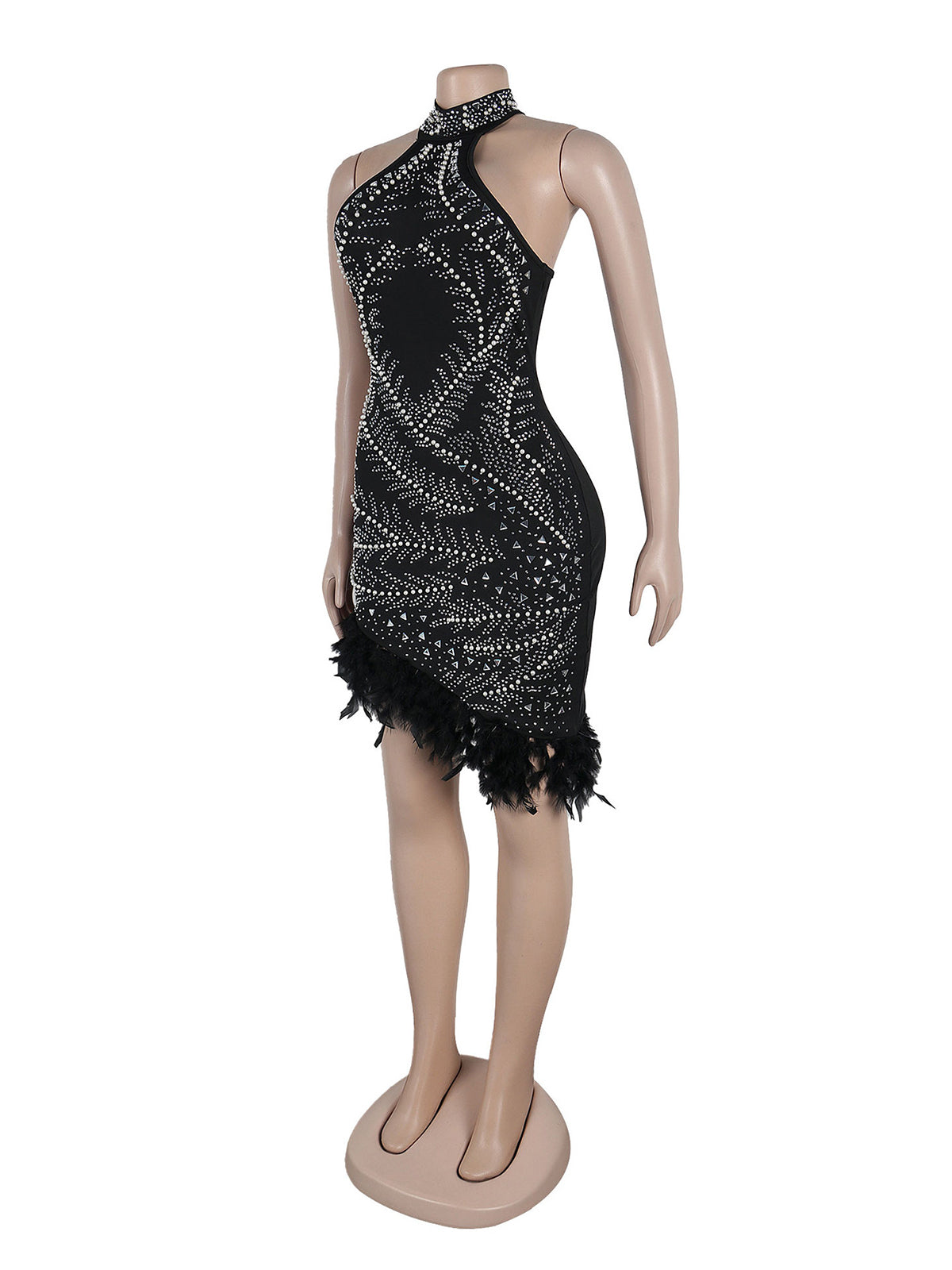 Rhinestone Sleeveless Feather Club Bodycon Mini Dress