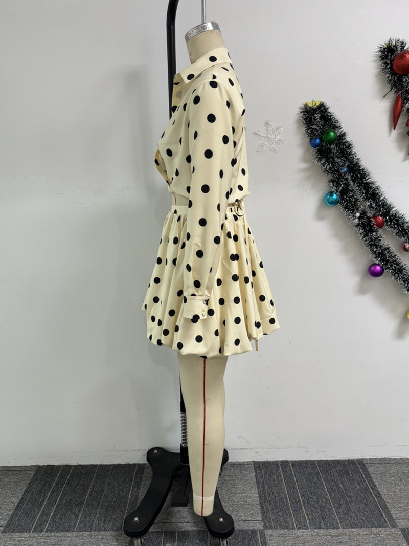 Polka Dots Print Lace-Up Cropped Shirt Bubble Skirt Set