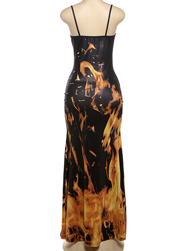 Sexy Spaghetti Strap Graphic Print Midi Bodycon Dress