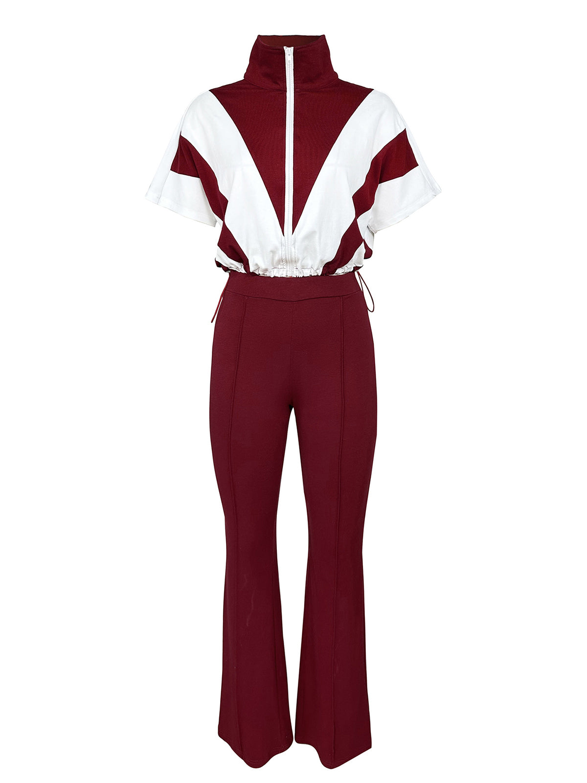Drawstring Contrast Color Tops Sports Casual Two Piece
