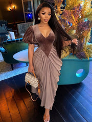 Plus Size Ruched V Neck Maxi Dress