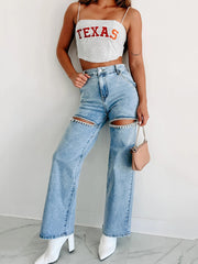 Rhinestones Hollow Out Straight Leg Jeans