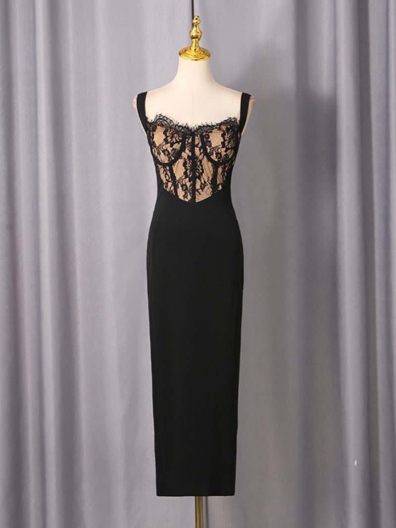 Sexy Lace Corset Sleeveless Package Hip Midi Dress