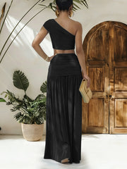 Sexy One Shoulder Crop Top And Ruched Skirt Two-Piece Set