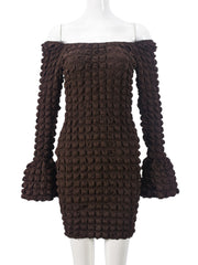 Chocolate Textured Flared Sleeve Bodycon Dress