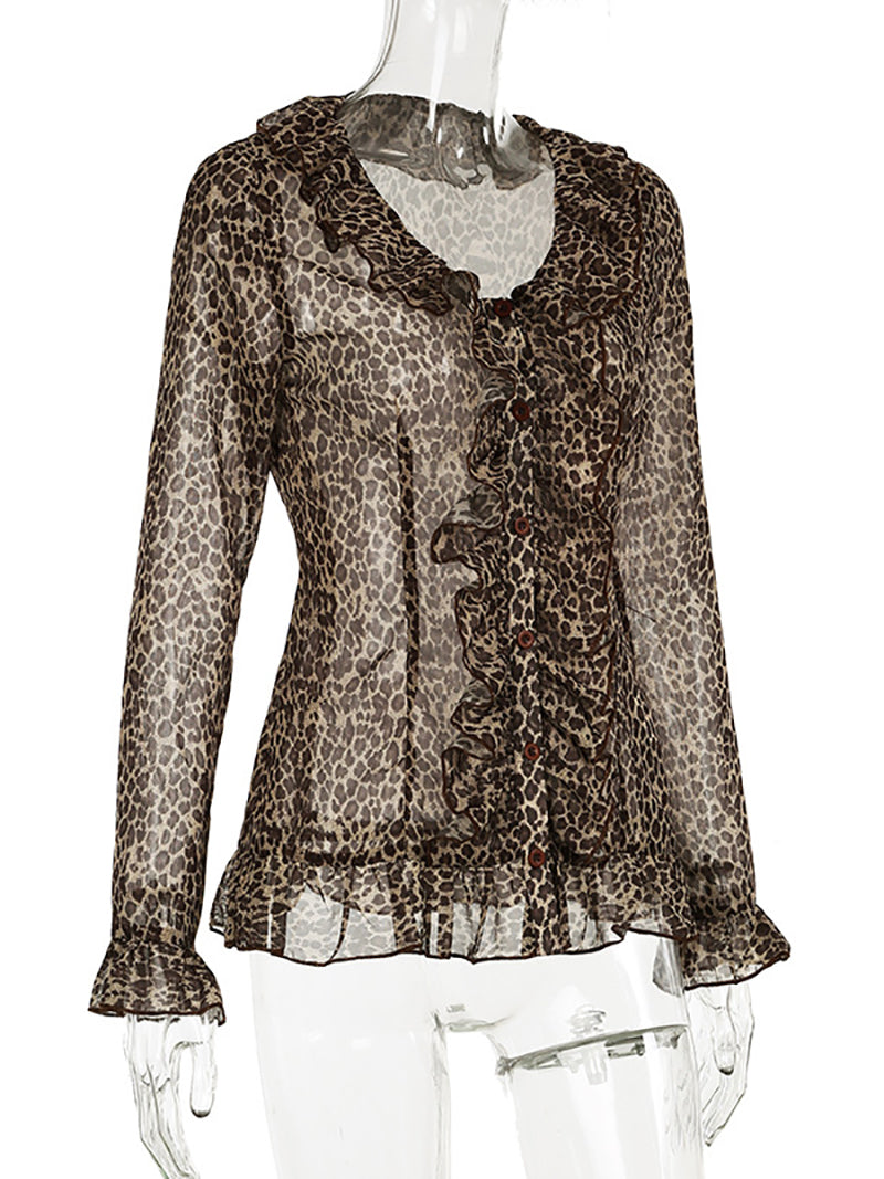 V-Neck Ruffled-Trim Leopard Print Slim-Fit Cardigan