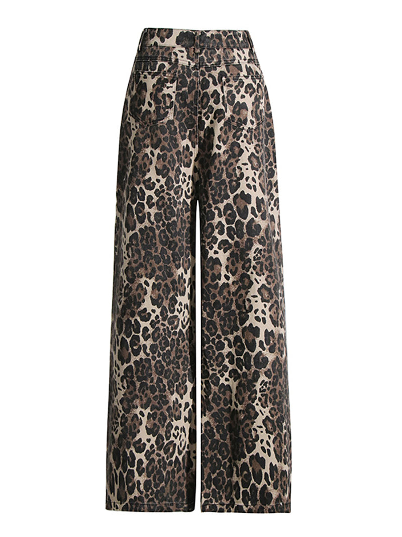 Fashion Leopard Print Ripped Straight Jeans