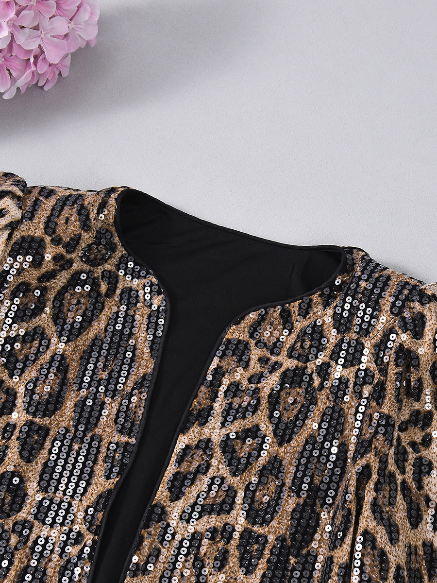 Elegant Leopard Print Sequin Cardigan Jacket