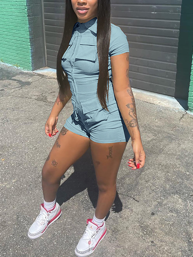 Casual Zipper Multi Pocket  Cargo Romper