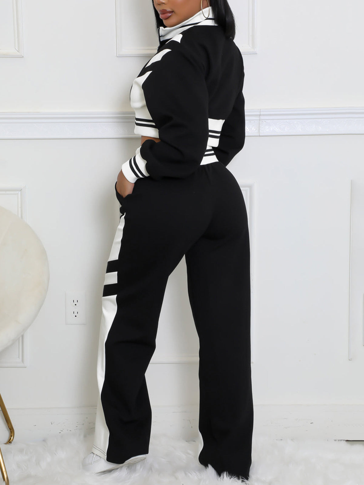 Color Block Patchwork Sweatshirt Flared Pants Set