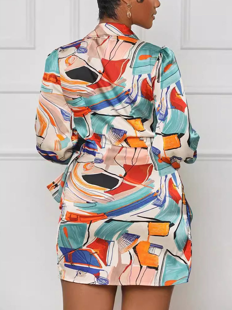 Fashion Printing Long Sleeve V-Neck Mini Dress