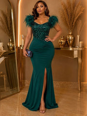 Feather Sequin High Slit Evening Dress