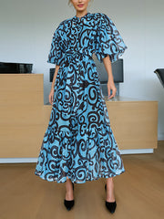 Fashion Print Single-breasted Puff Sleeve Lace-up Dress