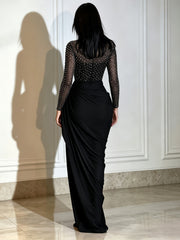Beaded High Neck Mesh Long Sleeve Evening Dress