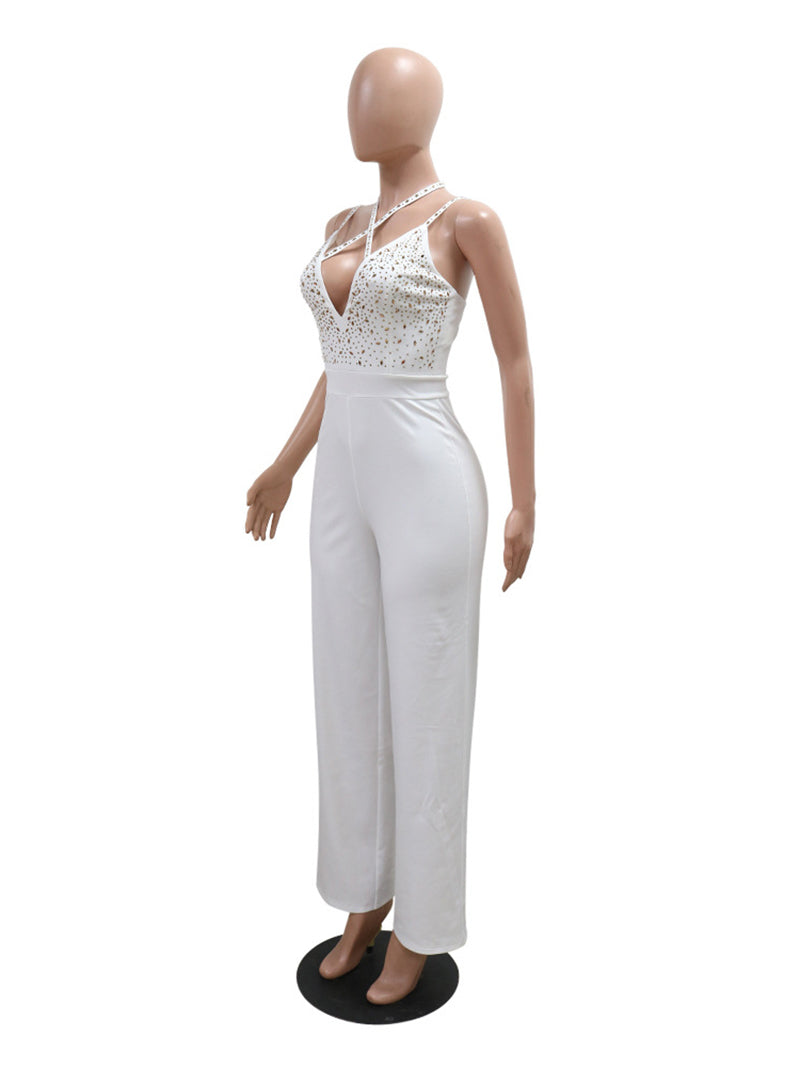 Rhinestone Sleeveless Backless Hollow Out Jumpsuit