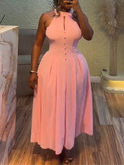 Elegant Halter Neck Sleeveless Cinched Waist Party Dress